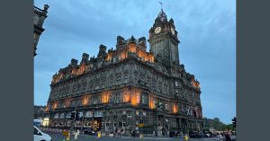 The Balmoral Hotel in Edinburgh at dusk.