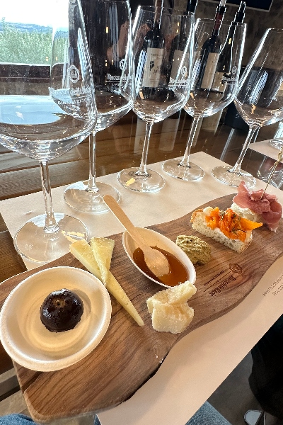 Wine glasses and snacks during a tasting at Rocca Delle Macie winery in Tuscany, Italy.