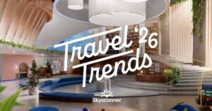 A luxurious hotel lobby with winding staircase with a text overlay that says Travel 26 Trends